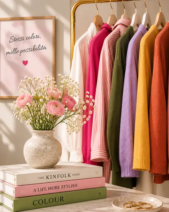 Stendino con maglioni di tanti colori e un vaso di fiori