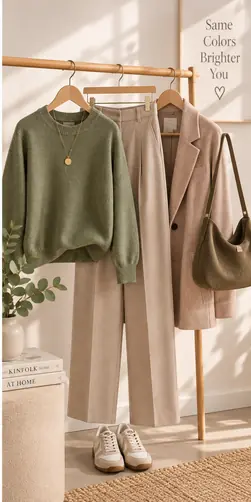 Outfit abbinato con maglione verde e pantaloni beige